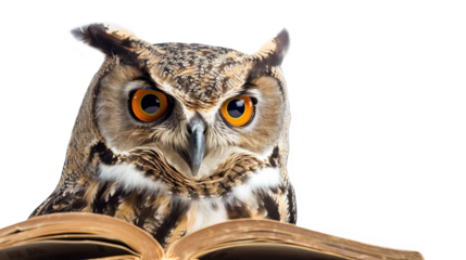 Big eyed owl reading a book isolate on transparent background, cutout, png