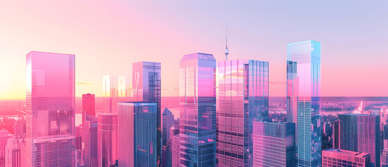 Vibrant city skyline with skyscrapers bathed in pink and blue hues of dusk reflecting the urban glow