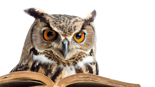 Big eyed owl reading a book isolate on transparent background, cutout, png - Powered by Adobe