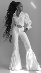beautiful long hair black model in white retro style shirt and jeans.