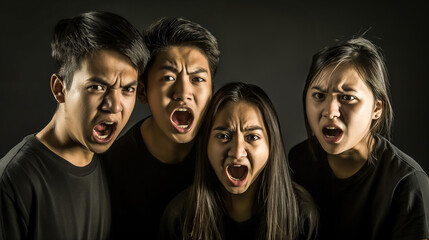 Four young asian people, men and women, screaming in anger with angry face expression on black background. looking at camera - obrazy, fototapety, plakaty