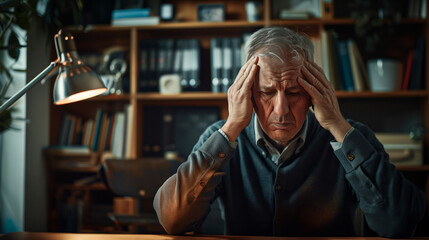 Elderly man with head in hands, sitting at a desk in an office room, feeling stress and anxiety due to work or family struggles.