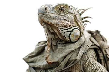 Intrepid iguana in an infantry uniform, navigating through the desert isolate on transparent background, cutout, png
