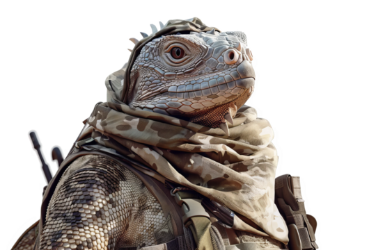 Intrepid iguana in an infantry uniform, navigating through the desert isolate on transparent background, cutout, png