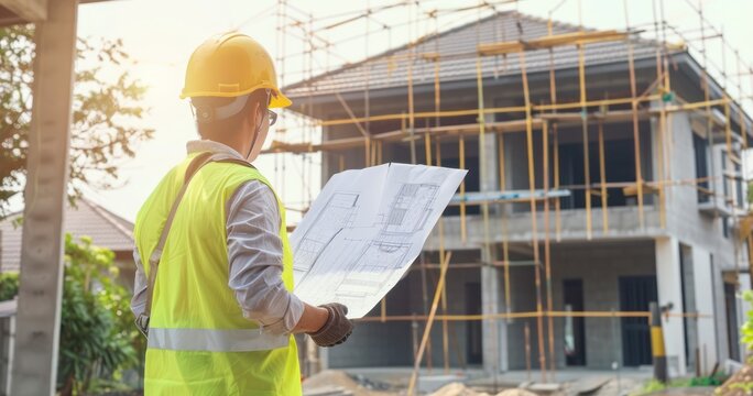 Engineer Architect Leading Construction with Blueprint in Hand