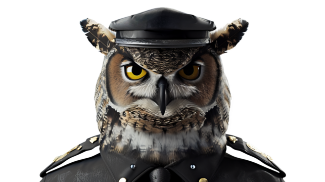 Observant owl in an officer s uniform, overseeing a night operation isolate on transparent background, cutout, png