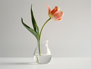 A single tulip sits elegantly in a transparent vase, illuminated by soft natural light, creating a serene atmosphere