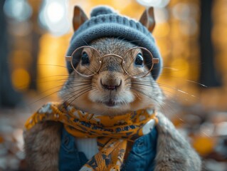 Adorable and cute squirrel portrait wearing retro and vintage clothes, retro accessories, nostalgia, vintage, 1800s, 1900s, 1920s, 1950s, 1960s, 1980, 1990, 2000s