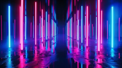 Abstract neon light fluorescent Neon Lights glow ,Reflection on water, exhibition background 3D illustration - generative ai - obrazy, fototapety, plakaty
