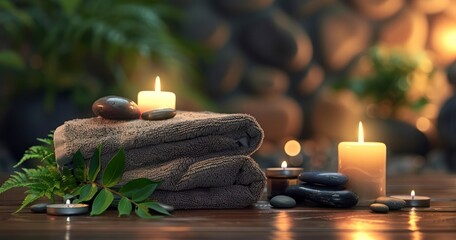 Fototapeta na wymiar Towel on Fern, Candles, and Hot Stones for Ultimate Relaxation