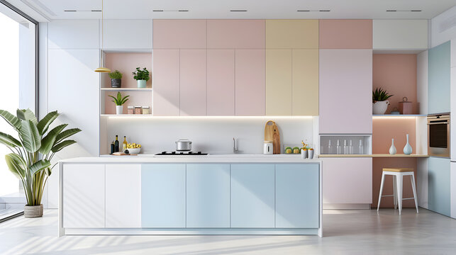 An image of a stylish modern kitchen with pastel color cabinets, well-lit and with clean lines, expressing sophistication