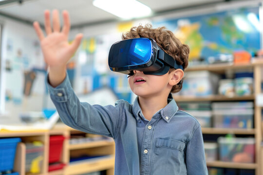 Boy wearing VR headset and reaching out while testing augmented technology in classroom, Generative Ai