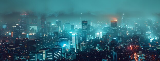 a cityscape with a lot of tall buildings at night time with lights on them - obrazy, fototapety, plakaty