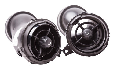 A close-up view of a part of the interior of a modern car with a view of the ventilation deflector of the heater for heating and cooling the passenger compartment. Used auto part catalog from junkyard