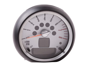 The dashboard of the car with red arrows with a speedometer, tachometer and other tools to monitor the condition of the vehicle in modern style on white isolated background