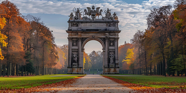 Triumphal arch Arc de Triomphe in Cinquantenaire park  in Brussels. generative ai 