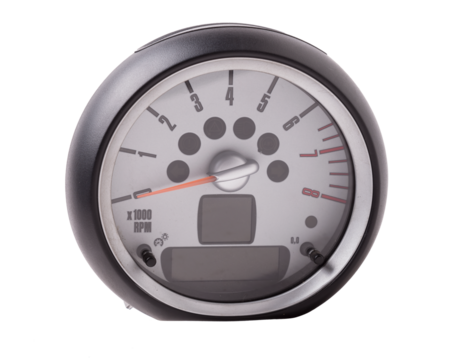 The dashboard of the car with red arrows with a speedometer, tachometer and other tools to monitor the condition of the vehicle in modern style on white isolated background