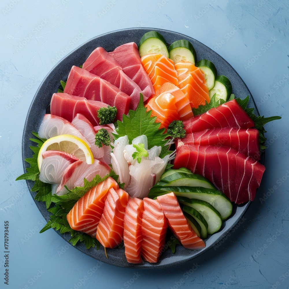 Wall mural Sashimi Platter, Fresh, Japanese, Raw, Ocean Blue background