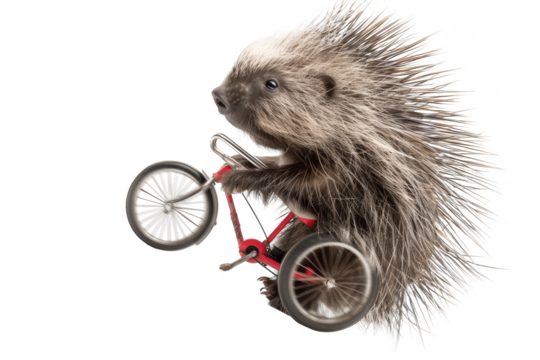 Peppy porcupine carefully riding a tricycle isolate on transparent background, cutout, png
