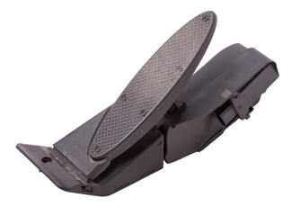 Gas pedal on a white isolated background in a photo studio for sale in a car service. Black auto...