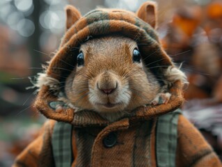 Adorable and cute squirrel portrait wearing retro and vintage clothes, retro accessories, nostalgia, vintage, 1800s, 1900s, 1920s, 1950s, 1960s, 1980, 1990, 2000s