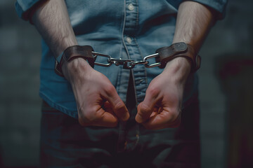 Close-up of handcuffed hands against a denim shirt - obrazy, fototapety, plakaty