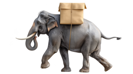Elephant running a box delivery service isolate on transparent background, cutout, png