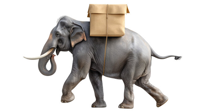 realistic of An entrepreneurial elephant on the cover, running a box delivery service in the savannah isolated on white background