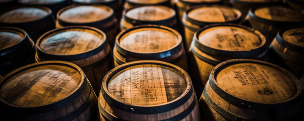 Fototapeta premium Wine barrels, close-up. Wine barrels at the winery. Stacked old wine barrels 