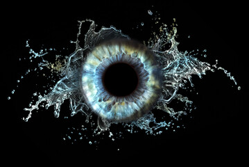 Blue green iris on a black background with splashes isolated on a black background