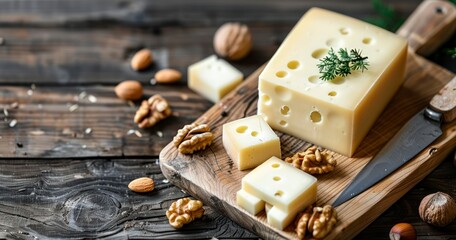 Fresh Cheese and Nuts Served on Wooden Board Against Natural Background - obrazy, fototapety, plakaty