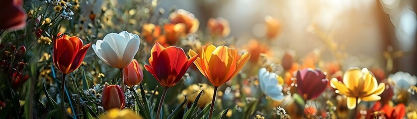 red and orange tulips bloom in a small grove with other trees,
