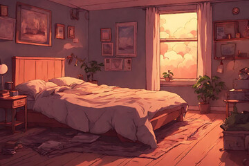 Lofi warm bedroom on a cloudy evening. - 44 - obrazy, fototapety, plakaty