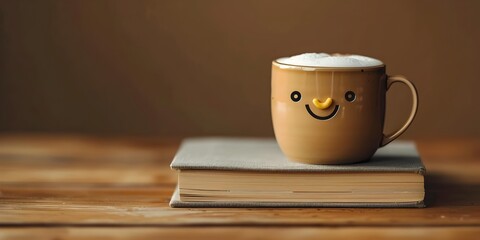 A smiling coffee mug character resting on a stack of books creating a cozy and literary latte scene on a wooden desk