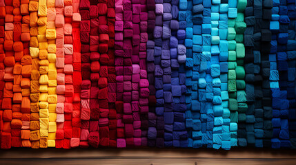 A multicolored rainbow of yarn, beautifully arranged on a background of wooden blocks