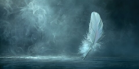 A single white feather character floats gracefully and weightlessly in a dark misty and ethereal atmosphere