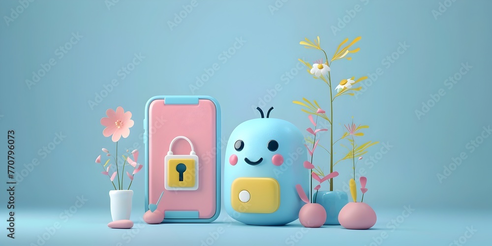 Aufkleber smartphone character unlocks itself to access information with copy space