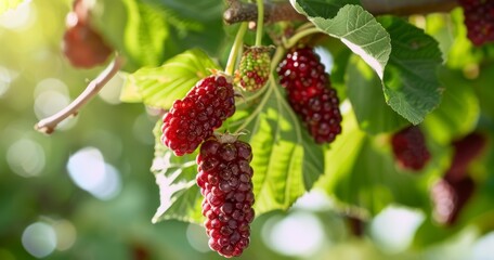 Branch Laden with Fresh Red Mulberry Fruits