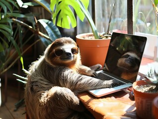 Fototapeta premium Relaxed Sloth with Sunglasses Using Laptop