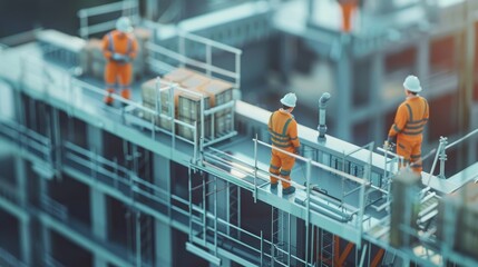 Construction Oversight on High-rise, Miniature figures in high-visibility attire engage in construction activity atop a skeletal steel structure, symbolizing industrial progress and teamwork - obrazy, fototapety, plakaty