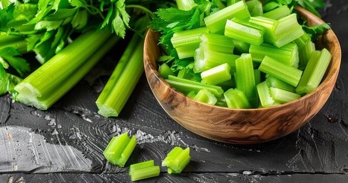 Celery Pieces Nestled in a Wooden Bowl on Rustic Background