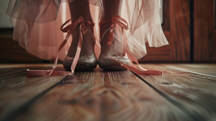 Bride's Ballet Flats and Delicate Ribbons, Close-up of a bride's feet adorned with elegant ballet flats and soft ribbons, a gentle prelude to her walk down the aisle - obrazy, fototapety, plakaty