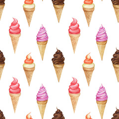 Watercolor seamless pattern with multicolored ice creams. Print with bright colored ice creams in a cone. Flavors of chocolate, berries, strawberry, cherry and others. Design and design of wallpaper