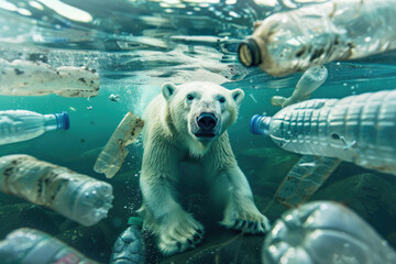plastic pollution with polar bear swimming underwater between discarded plastic bottles, Generative Ai