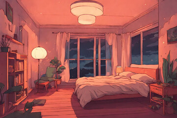 Lofi warm bedroom on a cloudy evening. - 5