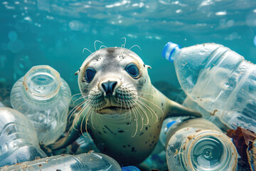 plastic pollution with seal swimming underwater between discarded plastic bottles, Generative Ai - obrazy, fototapety, plakaty