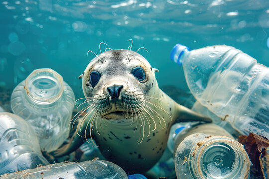 plastic pollution with seal swimming underwater between discarded plastic bottles, Generative Ai