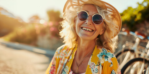 A radiant senior woman with a bright smile and stylish sunglasses enjoys a sunny day while taking a tour in bicycle