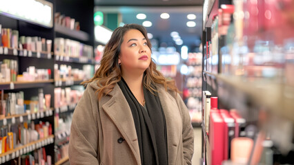 A poised plus size woman in a coat stands in a brightly lit cosmetic store, ready to buy makeup products