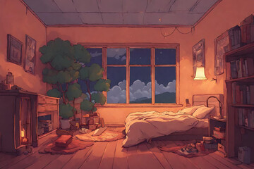 Lofi warm bedroom on a cloudy evening. - 23